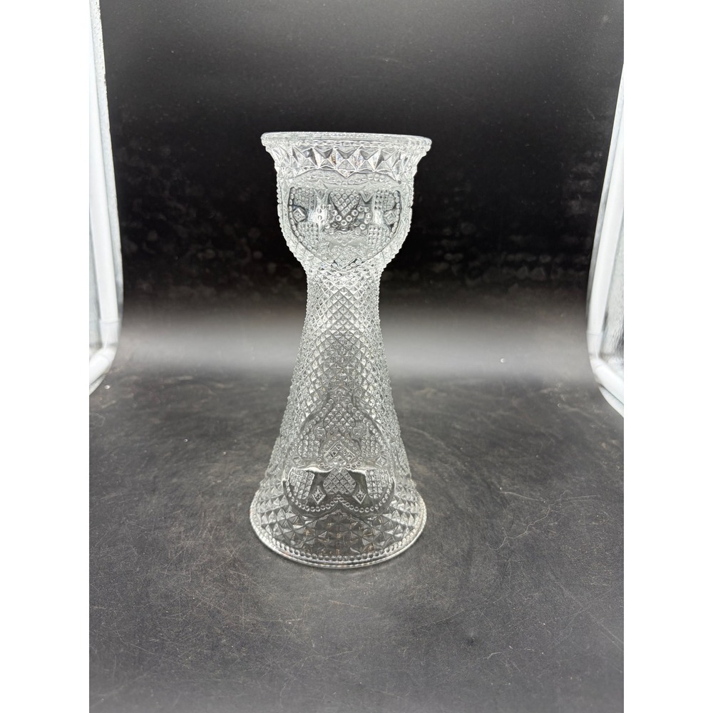 Avon Clear Pressed Glass Heart Diamond Point Vase Candle Holder 8 Inch Vintage